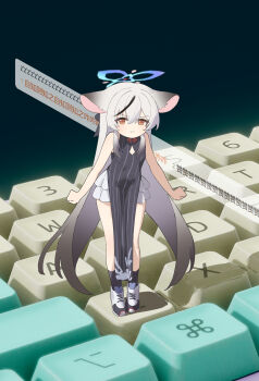 1girl :i absurdres animal_ears annoyed biluoyao black_dress black_streaks blue_archive blue_halo china_dress chinese_clothes chinese_commentary closed_mouth clothing_cutout commentary_request computer_keyboard diamond_cutout dress full_body grey_hair halo highres kokona_(blue_archive) long_hair looking_at_viewer mini_person minigirl multicolored_hair orange_eyes pelvic_curtain solo standing streaked_hair striped_clothes striped_dress tiger_ears tiger_girl vertical-striped_clothes vertical-striped_dress very_long_hair