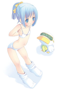 1girl absurdres ah-kun alternate_hairstyle arms_behind_back bird blindfold blue_eyes blue_hair blush bow bow_bra bra dressing duck flat_chest full_body hair_bow highres leaning_forward legs loli long_hair moetan navel panties panties_day pastel_ink ponytail pop pop_(electromagneticwave) ribbon simple_background socks thighs underwear underwear_only white_background white_bra white_footwear white_panties
