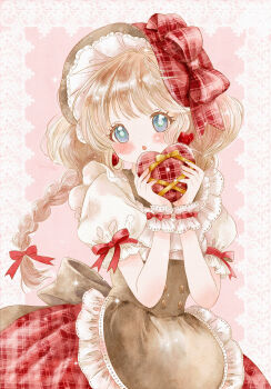 Rule 34 | 1girl, absurdres, blonde hair, blue eyes, blush, bonnet, bow, braid, chocolate, collared shirt, commentary request, dress, frilled bonnet, frills, highres, lolita fashion, mestania89, original, painting (medium), pinafore dress, plaid clothes, plaid dress, ribbon, shirt, sleeveless, sleeveless dress, sweet lolita, traditional media, valentine, watercolor (medium), white shirt