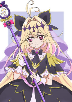 Rule 34 | 1girl, absurdres, ahoge, antenna hair, black bow, black bowtie, black capelet, black dress, black ribbon, blonde hair, bow, bowtie, brooch, capelet, card, closed mouth, collar, commentary, cure arcana shadow, diamond hairband, dress, frilled capelet, frilled cuffs, frills, gem, gradient hair, hair bow, hair ornament, hair ribbon, heart, heart brooch, highres, holding, holding staff, holding wand, jewelry, long hair, looking at viewer, magical girl, meitantei precure!, moria luluka, morishita (moricuremori), multicolored hair, neck ribbon, precure, purple eyes, purple veil, ribbon, simple background, smile, staff, standing, tear arcana rod, two-tone hair, upper body, veil, very long hair, wand, white collar, white wrist cuffs, wrist cuffs