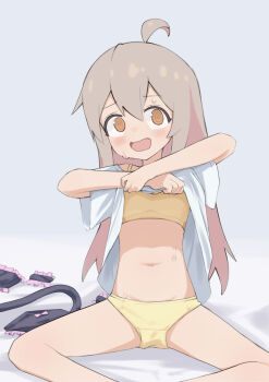 1girl ahoge black_panties blush bow bow_panties bra breasts brown_eyes brown_hair clothes_lift fake_tail highres lifting_own_clothes loli long_hair navel no_pants onii-chan_wa_oshimai! open_mouth oyama_mahiro panties shirt shirt_lift sitting small_breasts so_(user_jkaz7455) solo spread_legs stomach sweat tail thighs training_bra underwear undressing white_shirt yellow_bra yellow_panties