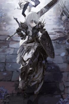 1girl armor bandaged_object barding black_horse braid closed_mouth commentary expressionless eyepatch fence from_above full_body gauntlets greatsword grey_hair hair_over_shoulder highres holding holding_shield holding_sword holding_weapon horse horseback_riding long_hair muted_color original outdoors over_shoulder red_eyes riding serious shield single_braid skeleton solo stone_walkway sword sword_over_shoulder watakokyu weapon weapon_over_shoulder white_hair