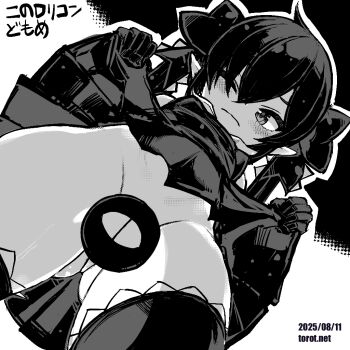 1girl backbeako_(torotei) backbeard blush breasts censored closed_mouth clothes_lift commentary_request dated dated_commentary dress dress_lift dutch_angle elbow_gloves gegege_no_kitarou gloves greyscale groin hair_over_one_eye hair_ribbon kono_lolicon_domome lifting_own_clothes light_frown loli long_hair looking_at_viewer monochrome no_panties novelty_censor one_eye_closed open_mouth original paid_reward_available pointy_ears ribbon simple_background sleeveless sleeveless_dress small_breasts solo thighhighs torotei translated twintails upskirt watermark web_address white_background