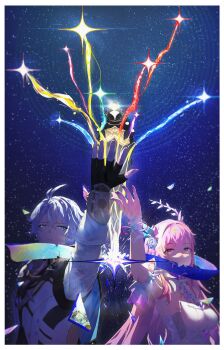 1boy 1girl ahoge armpit_crease astral_express_(honkai:_star_rail) black_gloves blue_eyes border breasts coat commentary_request cyrene_(honkai:_star_rail) cyrene_(ripples_of_past_reverie)_(honkai:_star_rail) diamond-shaped_pupils diamond_(shape) dress fingerless_gloves gloves hair_flaps highres honkai:_star_rail honkai_(series) k_(ke04609) large_breasts long_hair phainon_(honkai:_star_rail) pink_hair pointy_ears purple_eyes short_hair sky star_(sky) starry_sky symbol-shaped_pupils train very_long_hair white_border white_coat white_dress white_hair