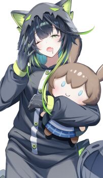 Rule 34 | 1girl, amiya (arknights), aqua hair, arknights, black hair, buttons, character doll, colored extremities, colored inner hair, commentary, cowboy shot, doll, drooling, fang, fingernails, green eyes, green hair, highres, holding, hood, hood up, long hair, long sleeves, mon3tr (arknights), mouth drool, multicolored hair, ohagi umeume, one eye closed, open mouth, pajamas, skin fang, solo, standing, tearing up, yawning