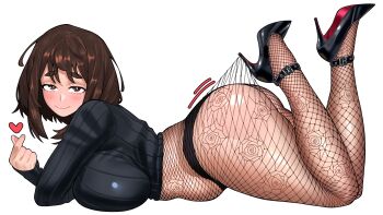 1girl ass boku_no_hero_academia brown_eyes brown_hair closed_mouth female_focus fishnet_pantyhose fishnets heart high_heels huge_ass looking_at_viewer loopvoid lying matching_hair/eyes on_stomach pantyhose short_hair sidelocks smile solo thick_thighs thighs uraraka_ochako