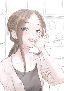 1girl 2girls blush breasts brown_eyes brown_hair collarbone commentary_request fellatio_gesture forehead hair_between_eyes handjob_gesture highres karakai_jouzu_no_(moto)_takagi-san karakai_jouzu_no_takagi-san long_hair looking_at_viewer mother_and_daughter multiple_girls naughty_face nishikata_chii ok_sign open_mouth oral_invitation ponytail setsuden sexually_suggestive shirt simple_background smile solo takagi-san tongue tongue_out very_long_hair