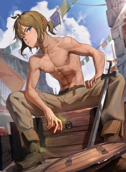1boy absurdres boots brown_boots brown_pants full_body hair_between_eyes hair_tie highres link male_focus nintendo outdoors pants parted_lips pointy_ears ponytail scar scar_on_arm scar_on_chest shield shin_ra_ra sidelocks sitting solo sweat sword the_legend_of_zelda the_legend_of_zelda:_breath_of_the_wild topless_male weapon