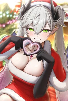 1girl black_hands blush body_markings breasts capelet cleavage colored_extremities commentary_request crossed_bangs demon_girl demon_horns dress ear_piercing fate/grand_order fate_(series) fur-trimmed_capelet fur-trimmed_dress fur-trimmed_headwear fur_trim green_eyes grey_hair grin hair_between_eyes hat heart heart_hands horns lilith_(fate) long_hair looking_at_viewer medium_breasts particle_sfs piercing pointy_ears red_capelet red_dress red_hat santa_costume santa_dress santa_hat smile twintails very_long_hair
