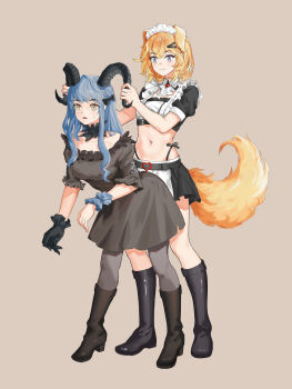 2girls absurdres animal_ear_piercing animal_ears arknights bang_dream! bang_dream!_it&#039;s_mygo!!!!! black_boots black_dress black_gloves black_pantyhose black_skirt blonde_hair blue_hair boots breasts brown_background chinese_commentary closed_mouth commentary_request dog_ears dog_girl dog_tail dress dry_humping gloves grabbing_another&#039;s_horns highres humping long_hair maid maid_headdress medium_breasts misumi_uika misumi_uika_(caged_singer) multiple_girls navel open_mouth pale_laomo pantyhose purple_eyes short_hair simple_background single_glove skirt stomach sweatdrop tail togawa_sakiko togawa_sakiko_(master_of_melodia) yellow_eyes yuri