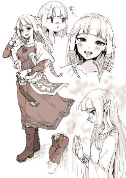 1boy 1girl boots bracelet collarbone commentary_request dress fingerless_gloves full_body gloves hair_tubes highres holding_harp jewelry link long_dress long_hair looking_at_another looking_at_viewer monochrome nintendo open_mouth pointy_ears princess_zelda rare00_u sepia smile the_legend_of_zelda the_legend_of_zelda:_skyward_sword upper_body