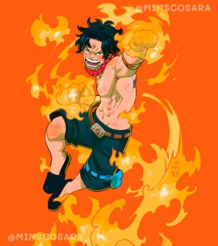 Rule 34 | 1boy, abs, back tattoo, black hair, black shoes, clenched hand, fire, freckles, full body, highres, jewelry, male focus, mimscosara, necklace, one piece, open mouth, orange background, pearl necklace, portgas d. ace, shoes, short hair, shorts, solo, tattoo, topless male, twitter username