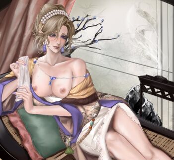 1girl blonde_hair blue_eyes breasts breasts_out chlzi156543 cowboy_shot from_above hands_up highres mole mole_above_mouth nipples path_to_nowhere reclining solo vautour_bleu_(path_to_nowhere)