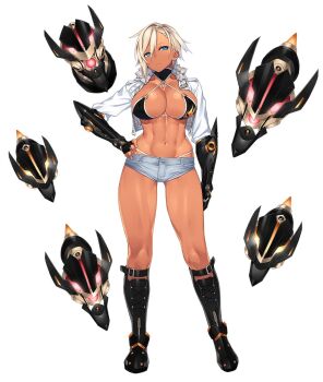 1girl 23_(real_xxiii) aqua_eyes bikini bikini_top_only bikini_under_clothes blonde_hair blue_eyes breasts censored cleavage curvy dark-skinned_female dark_skin denim denim_shorts female_focus full_body hand_on_own_hip highres large_breasts lilith-soft looking_at_viewer machine muscular rufina_(taimanin_asagi_battle_arena) shiny_skin short_shorts shorts simple_background solo standing swimsuit taimanin_(series) taimanin_asagi_kessen_arena thong white_background