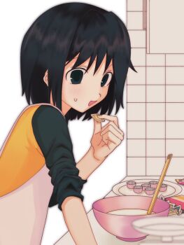 Rule 34 | 1girl, apron, batter, black eyes, black hair, black shirt, blush, bowl, candy, chocolate, chocolate bar, chocolate making, cooking, dessert, food, franz c, hand up, hashtag-only commentary, highres, holding, holding chocolate, holding food, indoors, kitchen, long sleeves, looking at viewer, medium hair, mixing bowl, multicolored shirt, nakahara misaki, nhk ni youkoso!, open mouth, plate, raglan sleeves, shirt, sleeves pushed up, small sweatdrop, solo, t-shirt, tile wall, tiles, two-tone shirt, white apron, white chocolate, yellow shirt