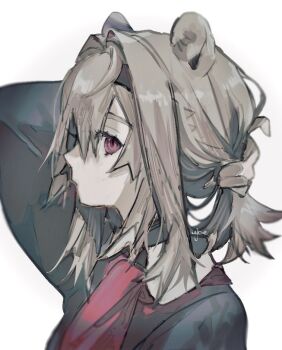 Rule 34 | 1girl, absinthe (arknights), absinthe (noon twilight) (arknights), adjusting hair, animal ears, arknights, arm up, bear ears, black hairband, blurry, collared dress, commentary, dress, grey dress, grey eyes, grey hair, hair intakes, hairband, looking at viewer, medium hair, neckerchief, portrait, profile, red neckerchief, sidelocks, sideways glance, signature, ujoe 7hr, white background