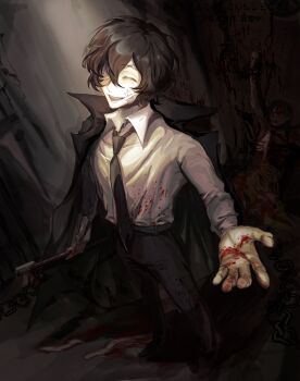 1boy 1other axe bandage_over_one_eye black_coat black_necktie black_pants blood blood_on_clothes brown_hair bungou_stray_dogs chain chained_wrists closed_eyes coat collared_shirt corpse dazai_osamu_(bungou_stray_dogs) death gauze gauze_on_cheek guro highres holding holding_axe intestines male_focus murder narcissus_curse necktie open_mouth pants shirt shirt_tucked_in short_hair standing teeth white_shirt