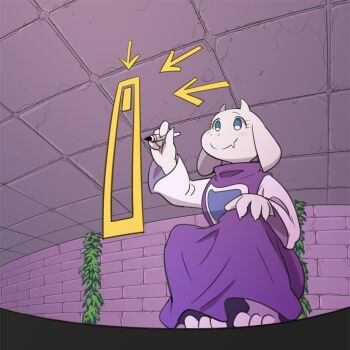 1girl barefoot blue_eyes fang goat_girl holding holding_pen horns houten_(dre_a_mer) pen purple_vest ruins smile solo squatting toriel undertale utdr_(toby_fox) vest