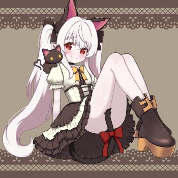 1girl absurdres animal_ears cat cat_ears cat_girl cat_tail commentary_request highres korean_commentary long_hair original red_eyes smile tail tail_censor twintails white_hair zing_(z_z_zing)