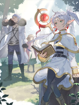 Rule 34 | 2boys, 2girls, belt, black belt, black boots, black choker, black pantyhose, blue pants, book, boots, breasts, brown boots, brown hair, capelet, choker, cloak, coat, commentary request, earrings, ehre (sousou no frieren), elf, feet out of frame, forest, frieren, full body, fur-trimmed coat, fur trim, gold trim, green eyes, green skirt, grey hair, grey shirt, highres, holding, holding book, jacket, jewelry, long coat, long hair, medium hair, multiple boys, multiple girls, nature, on tree stump, outdoors, pants, pantyhose, parted bangs, pink cloak, pointy ears, scharf (sousou no frieren), shirt, short hair, skirt, small breasts, smile, sousou no frieren, staff, striped clothes, striped shirt, tree stump, twintails, ve 0ekaki, white capelet, white coat, white jacket, white shirt, white skirt, wirbel (sousou no frieren)