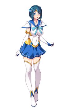 1girl :o alternate_costume blue_eyes blue_hair blue_sailor_collar blue_skirt blush boots breasts covered_erect_nipples covered_navel elbow_gloves full_body game_cg gloves hair_ornament highres impossible_clothes large_breasts large_variant_set magical_girl miniskirt mizushima_aoi nana_g non-web_source official_art open_mouth pleated_skirt sailor_aqua_(sailor_element) sailor_collar sailor_element sailor_senshi_uniform short_hair skirt solo standing thigh_boots thighhighs transparent_background variant_set white_gloves white_thighhighs zettai_ryouiki