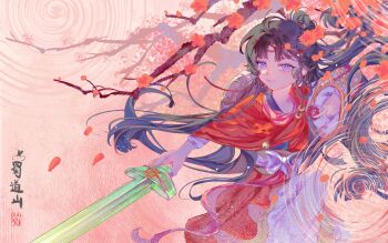1girl absurdres black_hair blue_eyes branch chinese_clothes closed_mouth commentary_request cowboy_shot facial_mark floating_hair flower forehead_mark hair_bun hanfu highres holding holding_flower holding_sword holding_weapon jian_(weapon) long_hair looking_at_viewer pants paper_heron pink_background red_flower red_hanfu reverse:1999 shu-shu smile solo sword weapon white_pants