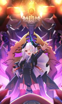 1girl :d absurdres black_jacket black_skirt demon_horns eyepatch garter_straps hand_on_own_hip heaven_burns_red high-waist_skirt highres horns jacket long_hair long_sleeves looking_at_viewer open_mouth red_eyes red_thighhighs shiinochi shirt single_horn skeleton skirt smile solo thighhighs white_hair yamawaki_bon_ivar