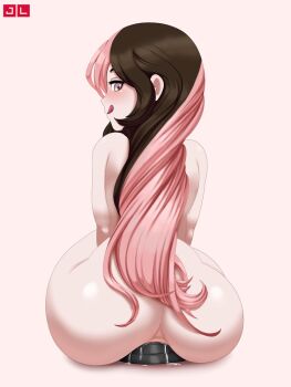 1girl anal anal_object_insertion ass brown_hair butt_plug curvy dildo female_focus female_masturbation hip_focus huge_ass jlullaby butt_plug large_insertion licking_lips long_hair looking_at_viewer looking_back masturbation multicolored_hair neopolitan_(rwby) nude object_insertion pink_background pink_eyes pink_hair rwby sex_toy solo tongue tongue_out uncensored wide_hips