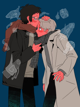 Rule 34 | 2boys, adachi tooru, black jacket, black pants, blue background, brown scarf, coat, commentary request, glasses, grey coat, grey hair, greyland215856, hand on another's head, highres, jacket, kiss, kissing forehead, long sleeves, multiple boys, narukami yu, pants, persona, persona 4, scarf, shadow (persona), short hair, sideburns, yaoi