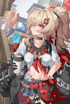 Rule 34 | 1girl, absurdres, belt, black choker, black collar, black gloves, breasts, brown hair, chenxue (honkai impact), choker, closed mouth, coat, collar, cup, disposable cup, drink, drinking straw, evzeva, gloves, hair ornament, hair over one eye, hand on own hip, high ponytail, highres, holding, holding cup, holding drink, honkai (series), honkai impact 3rd, jacket, long hair, midriff, mole, mole under eye, navel, neckerchief, outdoors, ponytail, red eyes, red gloves, red neckerchief, shirt, short sleeves, shorts, skirt, smile, solo, standing, stomach, thigh strap, white shirt