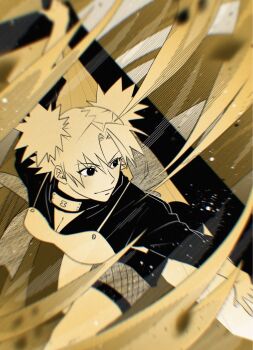 1girl armor bagyuli271 battle black_jacket blonde_hair breastplate breasts cleavage fishnet_shorts folding_fan from_above hand_fan headband_around_neck highres holding holding_fan jacket light_smile medium_breasts monochrome naruto_(series) quad_tails sand solo temari_(naruto)