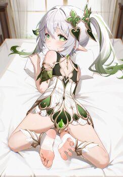 1girl absurdres barefoot blush feet genshin_impact green_eyes highres long_hair looking_at_viewer looking_back lying multicolored_hair nahida_(genshin_impact) on_stomach pointy_ears radoremo side_ponytail soles stirrup_legwear streaked_hair toeless_legwear toes white_hair