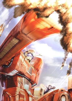 clenched_hand close-up densetsu_kyojin_ideon explosion glowing ideon mecha mecha_focus motion_blur no_humans punching realistic robot science_fiction smoke solo super_robot totthii0081 visor