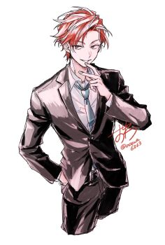 1boy belt black_belt black_jacket black_pants black_suit blue_necktie cale_henituse collared_shirt commentary_request cowboy_shot cropped_legs dated formal_clothes hand_in_pocket hand_up highres jacket lapels long_sleeves looking_at_viewer lout_of_count&#039;s_family male_focus multicolored_hair necktie notched_lapels open_collar osewa6363 pants parted_lips red_hair shirt short_hair signature simple_background smile solo streaked_hair suit suit_jacket twitter_username v white_background white_shirt