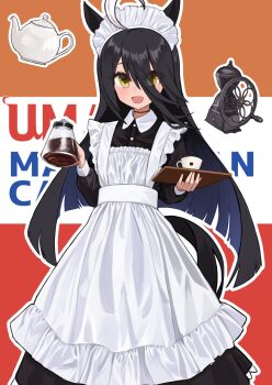 1girl ahoge alternate_costume animal_ears black_hair blush coffee_grinder coffee_pot commentary_request cup dress enmaided frilled_dress frills hair_between_eyes highres holding holding_coffee_pot holding_tray horse_ears horse_girl horse_tail kuronosu_(yamada1230) long_sleeves maid maid_headdress manhattan_cafe_(umamusume) multicolored_background multicolored_hair open_mouth smile solo streaked_hair tail tray umamusume white_hair yellow_eyes