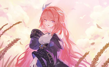 1girl absurdres bare_shoulders breasts cyrene_(aedes_elysiae)_(honkai:_star_rail) cyrene_(honkai:_star_rail) dress highres honkai:_star_rail honkai_(series) large_breasts long_hair looking_at_viewer pink_hair pointy_ears purple_dress purple_eyes signature smile solo wheat_field