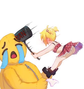 1boy 1girl absurdres ass blonde_hair blush breasts crying_emoji emoji hammer highres hitting jumping loli meme miniskirt no_panties original panties pink_panties short_hair simple_background skirt small_breasts twintails_(mantids) underwear unworn_panties uohhhhhhhhh!_(meme) upskirt white_background