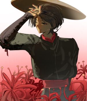 Rule 34 | 1boy, adapted costume, arm behind back, black eyes, black hair, black robe, blunt ends, brown hat, closed mouth, empty eyes, eyelashes, eyeliner, field, flower, flower field, genshin impact, hand on own head, hand up, hat, highres, imagirl 0, kuronushi (genshin impact), looking to the side, makeup, male focus, mandarin collar, outdoors, parted bangs, red eyeliner, red flower, red nails, red sash, red shirt, robe, sash, scaramouche (genshin impact), shirt, solo, spider lily, straw hat, undershirt, uneven eyes, white background