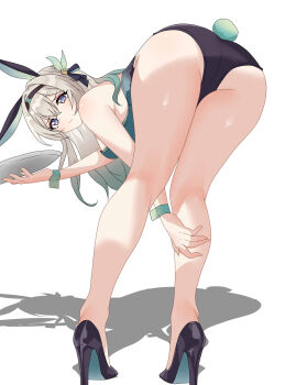 1girl absurdres alternate_costume animal_ears ass bent_over black_footwear black_leotard closed_mouth firefly_(honkai:_star_rail) full_body gradient_clothes gradient_hair gradient_leotard green_leotard high_heels highres holding holding_tray honkai:_star_rail honkai_(series) leotard looking_at_viewer maxwelzy multicolored_hair playboy_bunny purple_eyes rabbit_ears shadow solo tray white_background wrist_cuffs