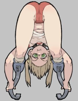 1girl bandaged_leg bandages bent_over blonde_hair breasts buruma full_body green_eyes hair_bobbles hair_ornament ibarazaki_emi katawa_shoujo looking_through_own_legs pantsu-ripper partially_visible_vulva pout red_buruma running_blades shirt small_breasts solo twintails white_shirt