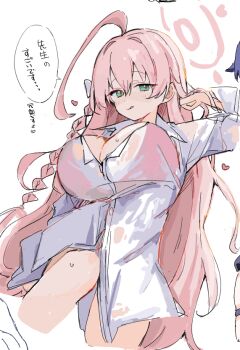 1girl :q ahoge bikini bikini_under_clothes blue_archive blush bow braid breasts cleavage green_eyes hair_between_eyes hair_bow halo hanako_(blue_archive) hanako_(swimsuit)_(blue_archive) heart large_breasts long_hair looking_at_viewer official_alternate_costume pink_bikini pink_hair pink_halo see-through_clothes see-through_shirt shirt simple_background solo speech_bubble swimsuit tongue tongue_out very_long_hair wet wet_clothes wet_shirt white_background white_shirt youbi_(0ver_sd)