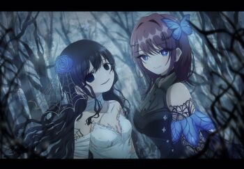 2girls absurdres alternate_costume bandaged_arm bandaged_neck bandages bare_shoulders bare_tree black_eyes black_hair blue_eyes blue_flower breasts brown_hair butterfly_hair_ornament collarbone commentary empty_eyes flower hair_between_eyes hair_flower hair_ornament halloween halloween_costume highres kimi_no_koto_ga_dai_dai_dai_dai_daisuki_na_100-nin_no_kanojo kusanochika letterboxed long_hair looking_at_viewer medium_breasts medium_hair multiple_girls parted_lips saiki_himeka smile spider_web_hair_ornament spider_web_tattoo star-shaped_pupils star_(symbol) symbol-shaped_pupils tattoo torn_clothes tree upper_body wavy_hair zetsubouda_meru