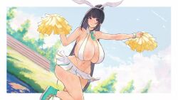 1girl absurdres animal_ears animated ass black_hair blue_eyes border bouncing_ass bouncing_breasts breasts cheering cheerleader chichizaki_momina commission commissioner_upload crop_top curvy dan-98 detached_collar fake_animal_ears high_ponytail highres holding holding_pom_poms huge_breasts long_hair md5_mismatch midriff miniskirt motto!_haramase!_(series) motto!_haramase!_honoo_no_oppai_isekai_oppai_bunny_gakuen! navel nontraditional_playboy_bunny outdoors outside_border pixiv_commission pom_pom_(cheerleading) pom_poms ponytail purple_eyes rabbit_ears resolution_mismatch shoes skindentation skirt smile sneakers solo source_smaller sweat tagme thong tree very_long_hair video white_border white_skirt wristband