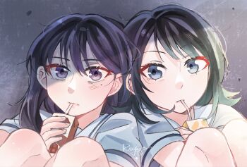2girls bang_dream! bang_dream!_it&#039;s_mygo!!!!! black_hair blue_eyes blue_shirt blush chinese_commentary commentary_request drinking_straw drinking_straw_in_mouth hair_between_eyes hanasakigawa_school_uniform highres holding_carton knees_up medium_hair mole mole_under_eye multiple_girls purple_eyes school_uniform serafuku shiina_taki shirt sidelocks sitting yahata_umiri yoyoray20001996