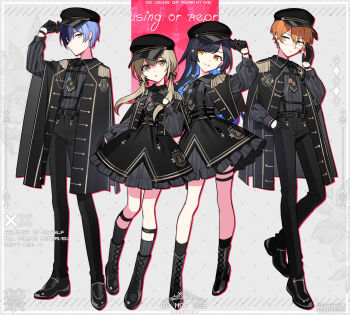 Rule 34 | 2boys, 2girls, aiguillette, alternate costume, aoyagi touya, argyle background, azusawa kohane, belt, black belt, black boots, black cape, black coat, black dress, black gloves, black hair, black hat, black necktie, black pants, black shirt, black shoes, black socks, blonde hair, blue hair, blue outline, boots, border, cape, chest harness, closed mouth, coat, coat on shoulders, colored inner hair, commentary request, cross, cross earrings, dress, dress shoes, ear piercing, earrings, epaulettes, expressionless, fringe trim, full body, glasses, gloves, gold trim, green eyes, grey background, grey eyes, grey shirt, hair between eyes, half gloves, hand in pocket, hand on headwear, hand up, harness, hat, highres, jewelry, lace-up boots, leaf, leaf background, legs, legwear garter, lineup, long hair, long legs, long sleeves, looking at viewer, low twintails, matching outfits, military, military lolita, military uniform, mole, mole under eye, multicolored hair, multiple boys, multiple girls, necktie, orange hair, outline, pants, peaked cap, piercing, project sekai, puffy long sleeves, puffy sleeves, shade, shinonome akito, shiraishi an, shirt, shoes, short hair, short necktie, simple background, socks, split-color hair, standing, streaked hair, striped clothes, striped shirt, tsurime, twintails, two-tone hair, vertical-striped clothes, vertical-striped shirt, vivid bad squad (project sekai), waka (wk4444), white border, yellow eyes