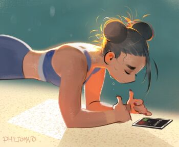 1girl backlighting bare_arms brown_hair capcom chun-li closed_eyes commentary double_bun dripping english_commentary exercising fingernails hair_bun messy_hair midriff on_floor philtomato planking red_nails signature simple_background solo sports_bra street_fighter sweat tablet_pc tan workout_clothes