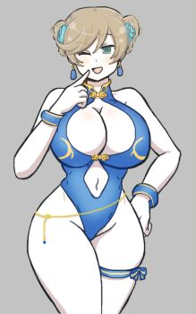 1girl ;o bare_shoulders blush breasts brown_hair capcom chun-li chun-li_(cosplay) cleavage_cutout clothing_cutout cosplay crossover earrings hair_bun haruka_(senran_kagura) jewelry jisatsuteatime large_breasts one-piece_swimsuit one_eye_closed senran_kagura sleeveless street_fighter street_fighter_6 swimsuit thigh_strap wide_hips