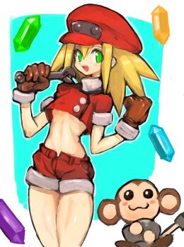 1girl bare_legs blonde_hair breasts newsboy_cap capcom dakusuta gloves green_eyes hair_between_eyes hat highres legs_together mega_man_(series) mega_man_legends_(series) monkey open_mouth red_hat red_shorts roll_caskett_(mega_man) short_shorts short_sleeves shorts small_breasts smile solo_focus spiked_hair underboob wrench