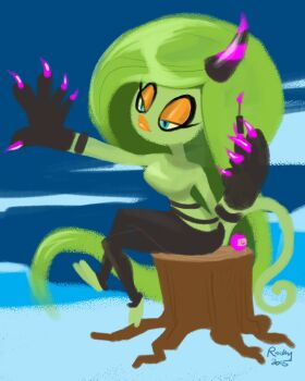 1girl 2015 arm_up artist_name black_skin blue_eyes blue_sky closed_mouth collarbone colored_sclera colored_skin commentary crossed_legs dated english_commentary eyeshadow feet female_focus fetal_position fingernails full_body green_hair green_skin grin half-closed_eyes highres horns logo long_hair makeup meowkernauts monster_girl nail_polish no_nose oni outdoors painting_nails pink_nails purple_trim sharp_fingernails simple_background single_horn sitting sky smile snow solo sonic_(series) sonic_lost_world standing tail thick_lips thighs tree_stump very_long_hair yellow_eyeshadow yellow_lips yellow_sclera zeena