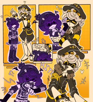 1boy 1girl android armband black_hat black_jacket face_filter fewer_digits flipped_hair fur-trimmed_jacket fur_trim grey_hair hat headpat heart highres humanoid_robot jacket machine mechanical_arms mechanical_legs murder_drones n_(murder_drones) open_mouth purple_eyes purple_hair purple_socks robot screen sd_dja short-sleeved_jacket short_hair short_sleeves smile socks uzi_(murder_drones) white_hair yellow_armband yellow_eyes